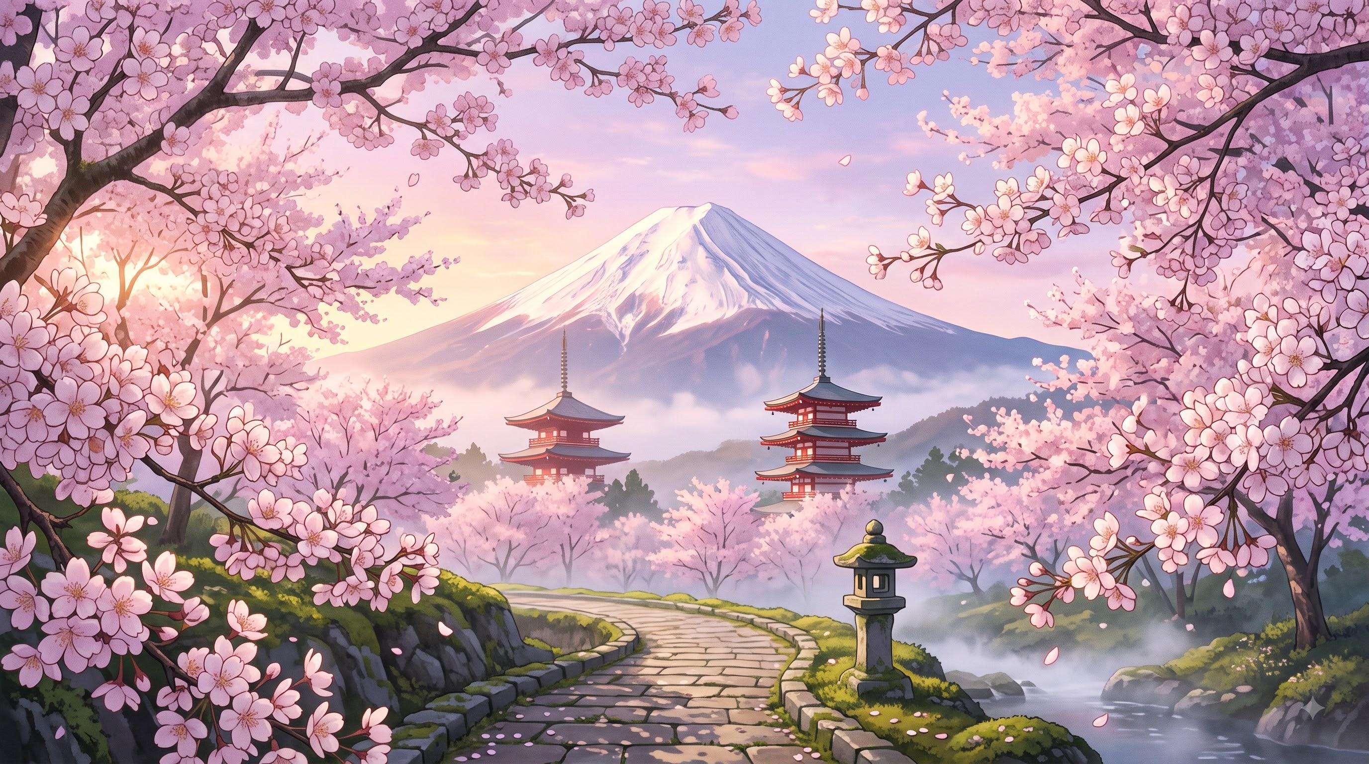 Cherry blossoms framing Mount Fuji and a red pagoda at sunrise